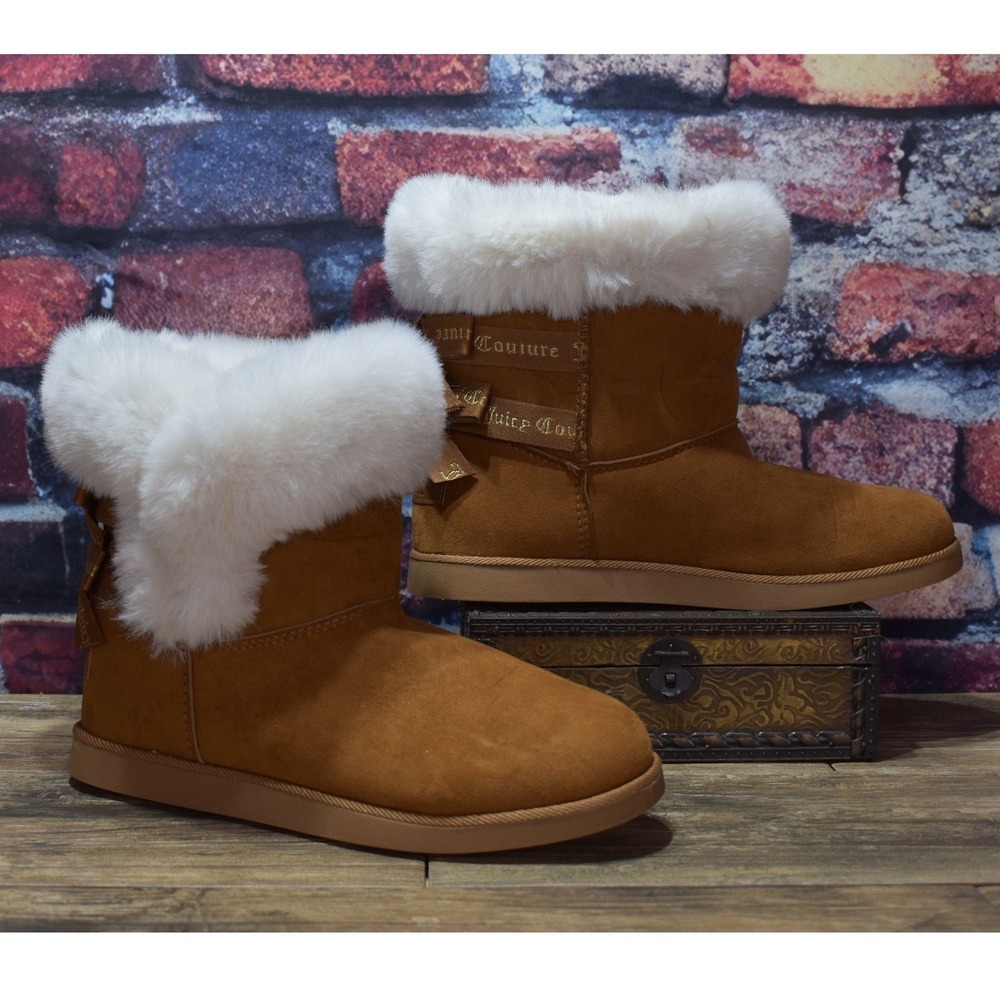 Juicy Couture Womens Chestnut Brown Faux Fur Trim Bow Winter Boots Size 9
